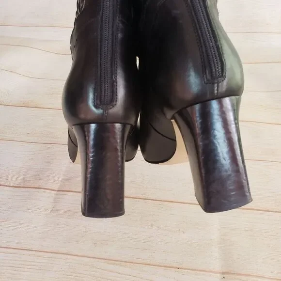 Bellofatto Leather Woven Detail Almond Toe Heeled Boots Booties Black Size 38